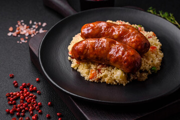 Delicious chicken or pork sausages baked on the grill with porridge and vegetables