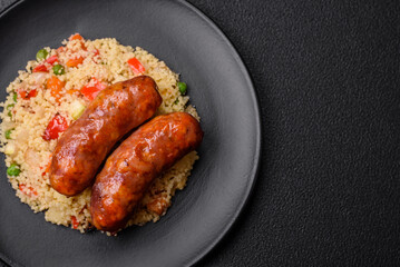 Delicious chicken or pork sausages baked on the grill with porridge and vegetables