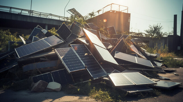 old broken solar panels in a landfill. Generative Ai