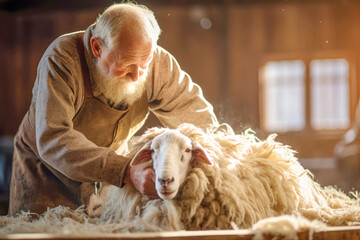 farmer skillfully shearing curly-coated sheep on a woolen farm, gathering precious fleece for...