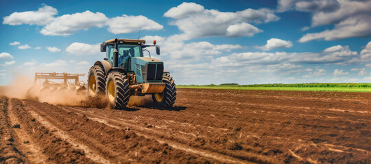 Machinery at Work: In the rural expanse, an agricultural tractor diligently tends to the fertile soil of a vast field, embodying the essence of modern farming.