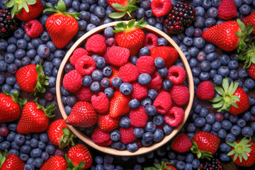 colorful selection of ripe strawberries, blueberries, and raspberries, making for a scrumptious and organic dessert choice, perfect for a fresh summer treat.