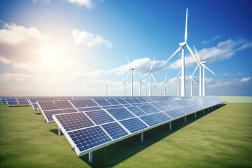 The synergy of a solar panel and a wind turbine represents ecological power generation, harnessing renewable energy sources to produce electricity.