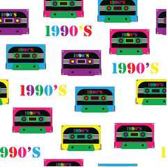 1990s Retro Multicolor Audio Cassette Seamless Repeat Pattern. Purple yellow pink blue. Trends of 2023. 