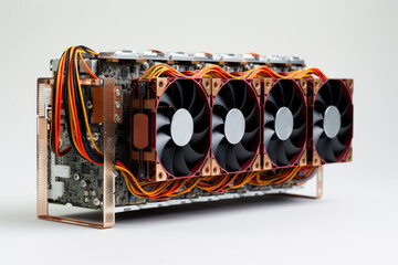 A powerful cryptocurrency mining rig with multiple GPUs and cooling fans, illustrating the technology behind digital currency generation.