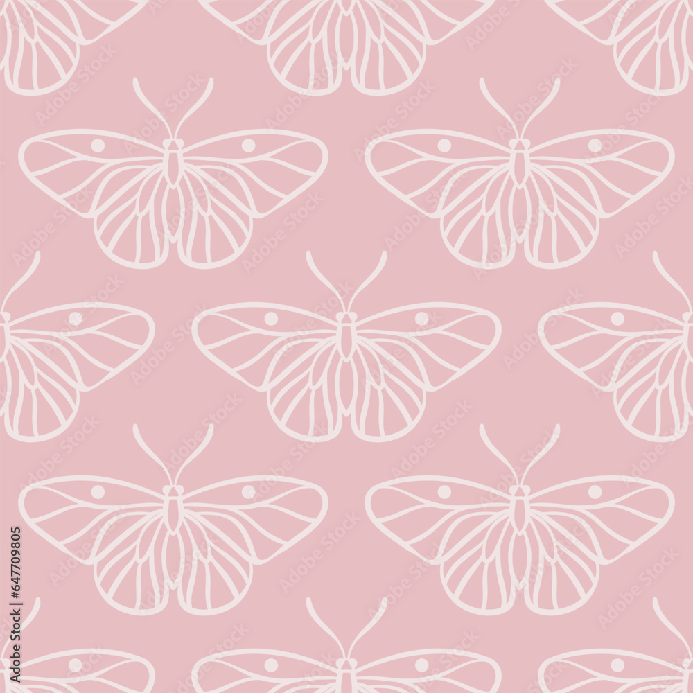 Poster pastel pink butterfly line art vector pattern, simple illustration, seamless repeating background