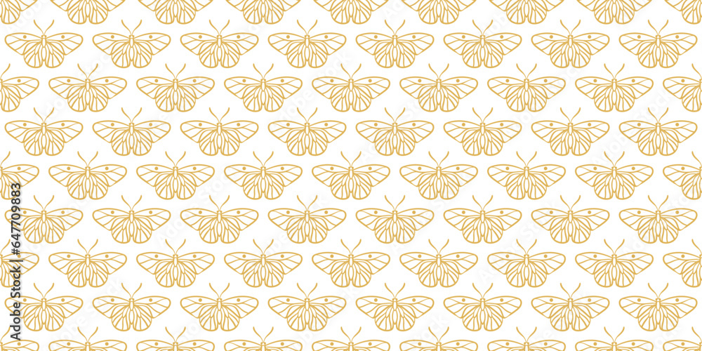 Poster White and gold butterfly line art vector pattern background, seamless repeating wallpaper