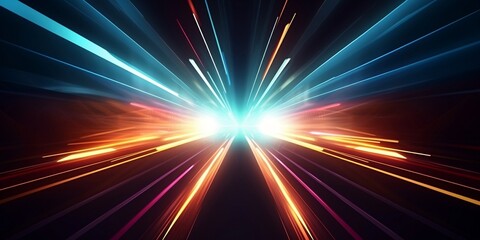 Neon lights speed tunnel background. Superlative generative AI image.