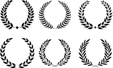 High resolution silhouette of circular laurel wreaths depicting award, achievement., circular foliate laurels branches.Design help for award logo, winner round emblem. 