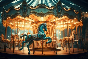 Carousel horse on a carousel at the amusement park in the night - obrazy, fototapety, plakaty