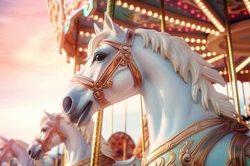 Merry go round carousel horse on a carousel at the amusement park on the evening