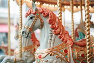 Merry go round carousel horse on a carousel at the amusement park on the evening - obrazy, fototapety, plakaty