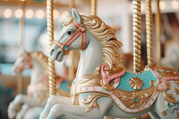 Fototapeta na wymiar Merry go round carousel horse on a carousel at the amusement park on the evening