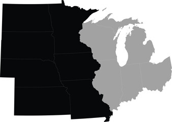 Black Map of US federal state of West north central region within the gray map of Midwest region of United states of America