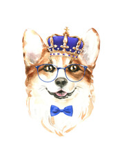 Cute watercolor corgi illustration, funny dog breed clipart/ hand-painted watercolor og head hipster portrait, dog in costume classic top hat, puppy fashion print, cute baby dog isolated on white back