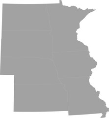Gray Map of US federal states of West north central region of United States of America