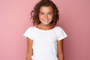 A smiling teen girl wearing a white short T-shirt mockup