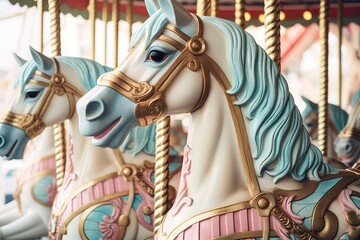 Merry go round carousel horse on a carousel at the amusement park on the evening - obrazy, fototapety, plakaty