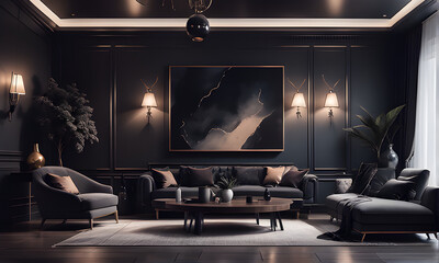 "Step into a world of modern elegance in this living room. Sleek design meets classic mystique against a dark backdrop."