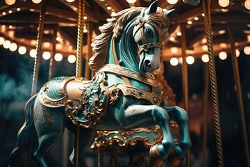 Carousel horse on a carousel at the amusement park in the night - obrazy, fototapety, plakaty