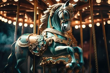 Foto op Canvas Carousel horse on a carousel at the amusement park in the night © Virtual Art Studio