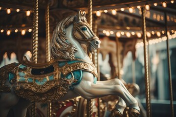 Fototapeta na wymiar Carousel horse on a carousel at the amusement park in the night