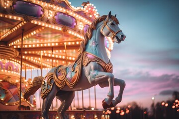 Fototapeta na wymiar Pastel carousel horse on a carousel at the amusement park in the evening