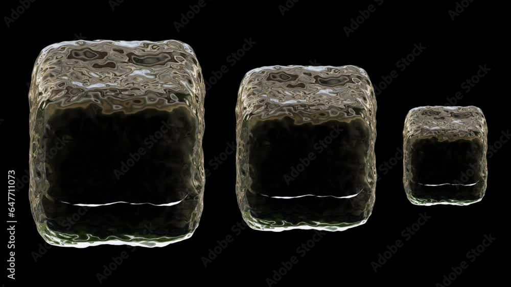 Poster animation of three liquid or ice cubes with different sizes on black background in 3d rendering