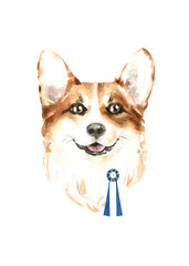 Cute watercolor corgi illustration, funny dog breed clipart/ hand-painted watercolor og head hipster portrait, dog in costume classic top hat, puppy fashion print, cute baby dog isolated on white back