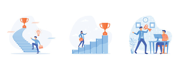 Fototapeta na wymiar Business people holding trophy cup standing on the stair. Successful businessmen holding golden trophy up. set flat vector modern illustration