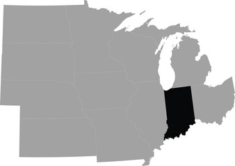 Black Map of US federal state of Indiana within the gray map of Midwest region of United states of America