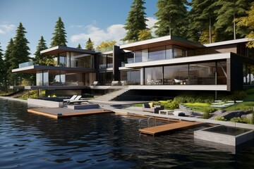 Fototapeta na wymiar Elegant contemporary home featuring sustainable energy and a swimming area. Generative AI