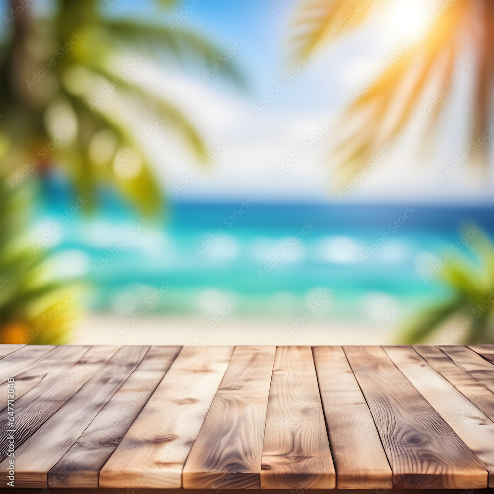 Sticker Empty wooden table, blurred summer sea background with copy space for your product