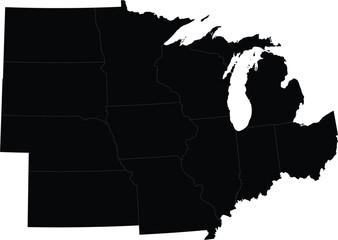 Black Map of US federal states of Midwest region of United states of America
