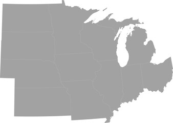 Gray Map of US federal states of Midwest region of United states of America