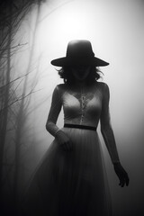 A surreal fashion model walking through the fog. Black and white lifestyle image of a beautiful woman.