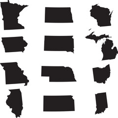 Black Map of US federal states of Midwest region of United states of America