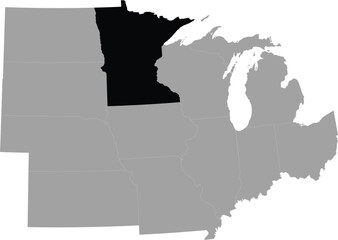 Black Map of US federal state of Minnesota within the gray map of Midwest region of United states of America