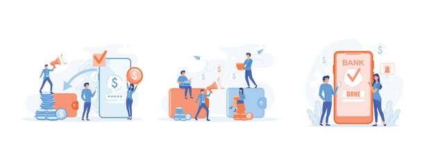 Financial transactions, non-cash payment transactions, money transfer, banking, Banking services on web site. Successful transaction. set flat vector modern illustration 
