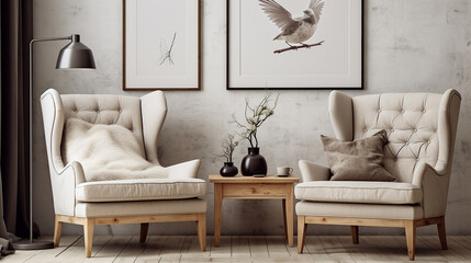 Poltrona perto da mesa de centro de madeira rústica. Design de interiores de sala de estar escandinava com molduras - obrazy, fototapety, plakaty