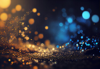 Twinkling silver and gold glitter lights on defocused blue background. Elegant Christmas or New Year holiday concept. AI Generative.