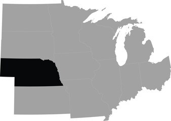 Black Map of US federal state of Nebraska within the gray map of Midwest region of United states of America