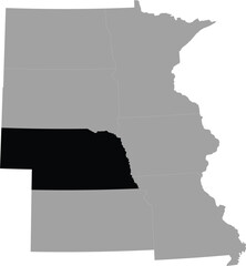Black Map of US federal state of Nebraska within gray map of West north central region of United states of America