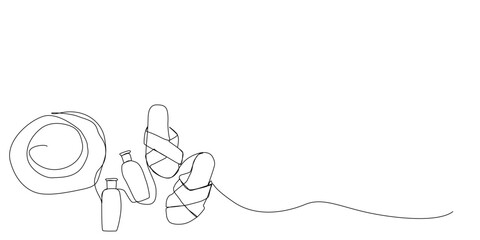 Summer hat, sandals, sunscreen Signed to go to the beach in summer. Vacation by the sea, one line art hand drawn free hand vector illustration.