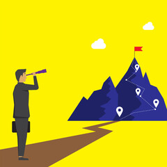 A business man zoom explore success target at high mountain