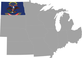 Map of US federal state of North Dakota with state flag within the gray map of Midwest region of United states of America