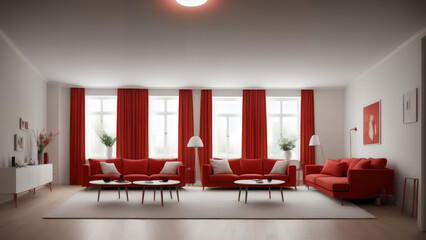 Modern living room in a minimalist  style, red theme