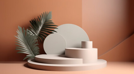 Podium in a tropical style with geometric decorations, created with the help of Generative AI technology.