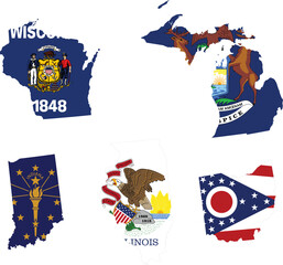 Map of US federal states of East north central region of United states of America with state flag