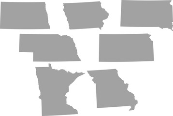 Gray Map of US federal states of West north central region of United states of America